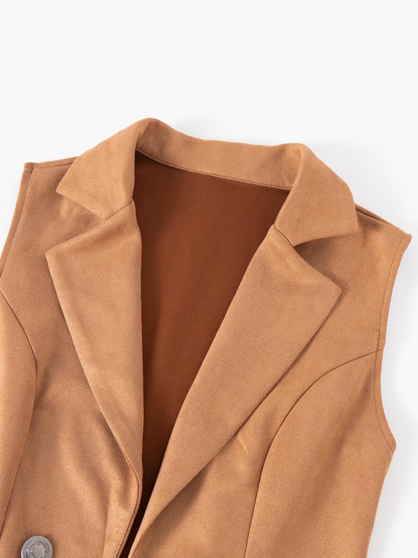 Women's Solid Button Decor Lapel Neck Suede Vest Blazer, Casual Sleeveless Pocket Open Front Longline Outerwear for Spring & Fall, Ladies Clothes for Daily Wear