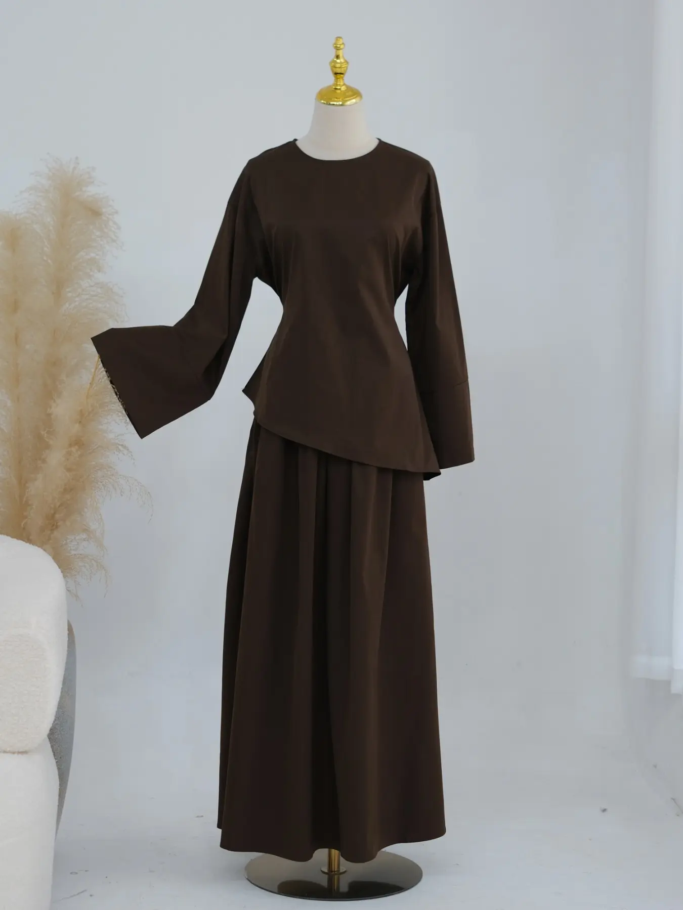 New Muslim Women's Plain Simple Two-Piece Set, Waist-Cinch Top + Flowy Long Skirt, Daily Abaya, Large Size, Elegant Casual Style