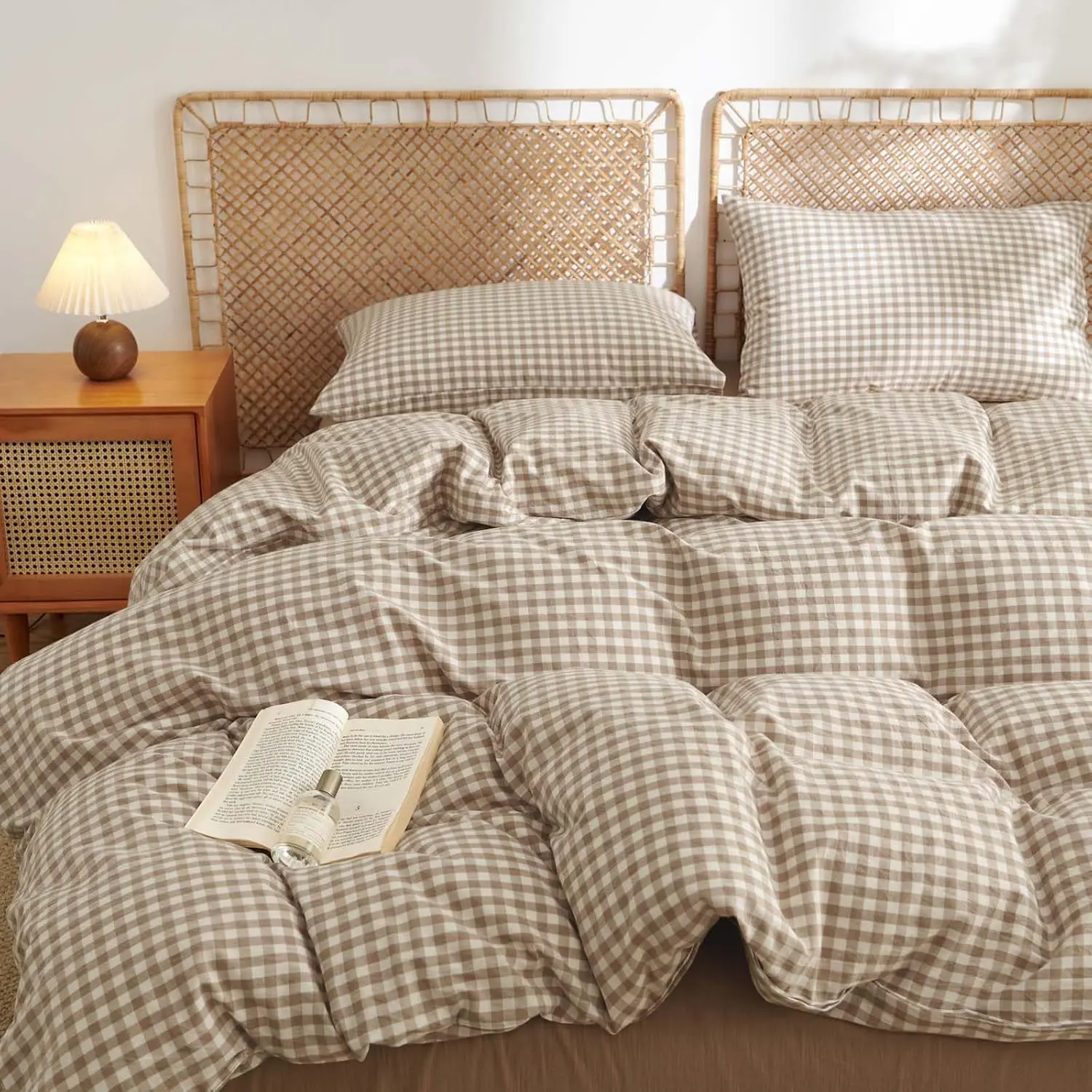 Gingham Duvet Cover King Size 100% Washed Cotton Brown Tan Plaid Checkered Comforter Cover 3 Pcs Soft Breathable Grid Farmhouse Dorm Bedding Set for All Seasons