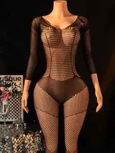Women's Sensual Tight Fitted Underwear, Lingerie, Long Sleeve Seamless Stocking, Mesh One-Piece Sleepwear, Comfortable Night Wear