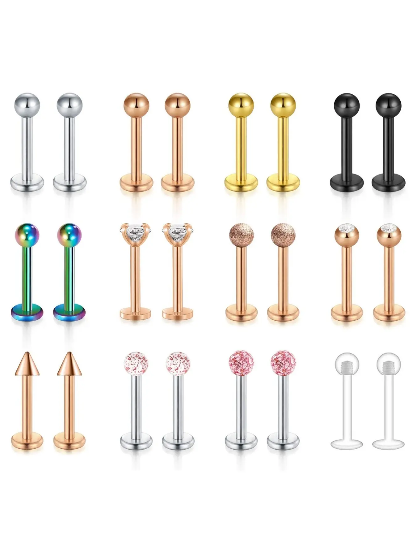 24Pcs 16G Stainless Steel Labret Stud Set Multi Style CZ Crystal Flat Back Lip Piercing Earring Cartilage Tragus Helix Nostril Jewelry 6/8/10mm