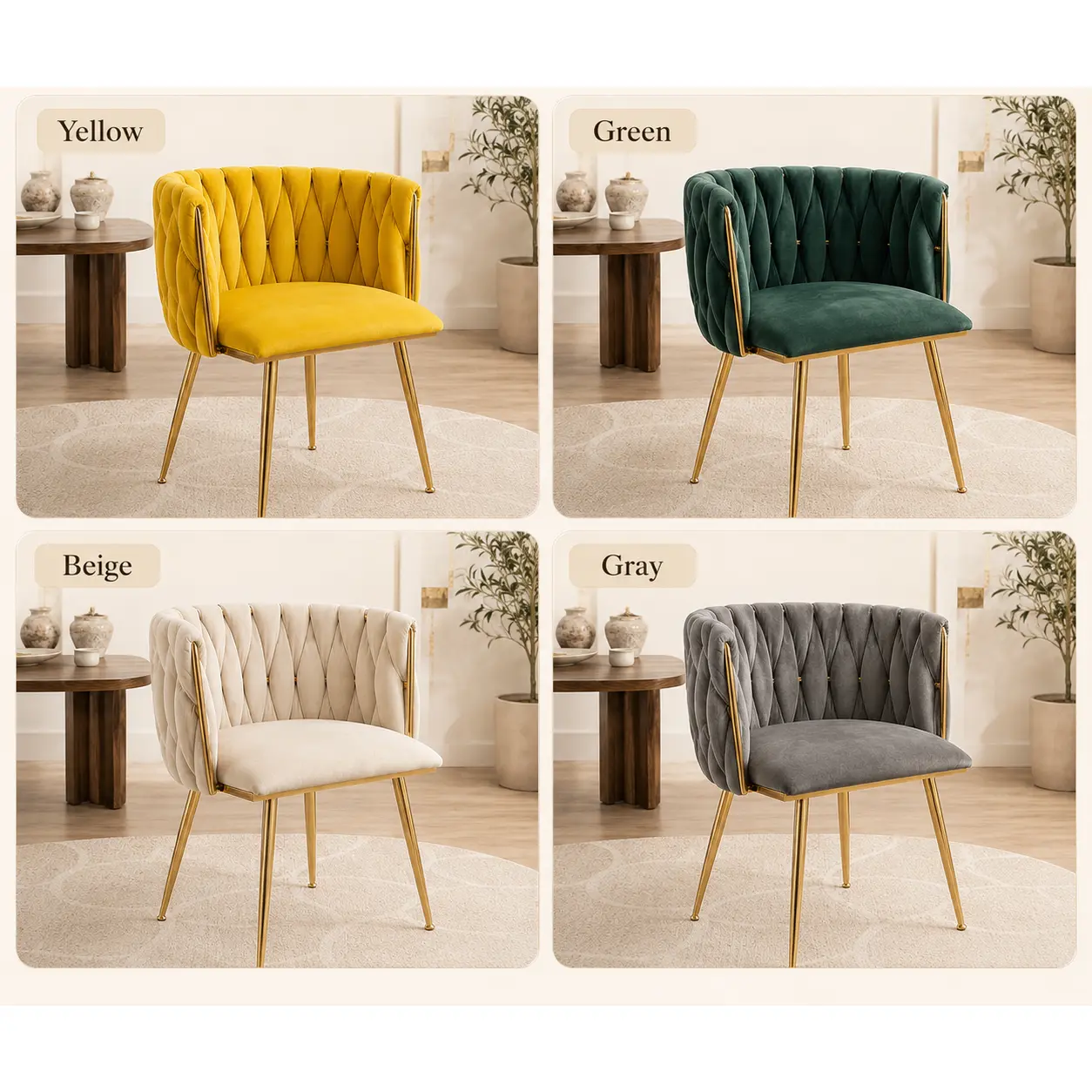 Modern Velvet Dining Chairs Set Of 2 Hand Weaving Accent Chairs Living Room Chairs Upholstered Side Chair With Golden Metal Legs For Dining Room Kitchen Vanity Living Room