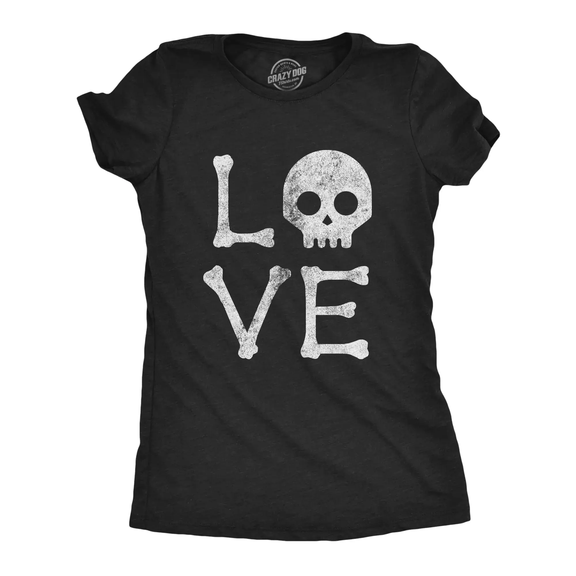 Vintage Distressed LOVE Bone Skull Graphic Oversized 100% Cotton Black T-Shirt, Gothic Romantic Women Fashion Outfit, Soft Comfort Crewneck Tee, Ideal Valentine's Day Gift For Her, Birthday Holiday Present For Goth Style Lovers Family Friends