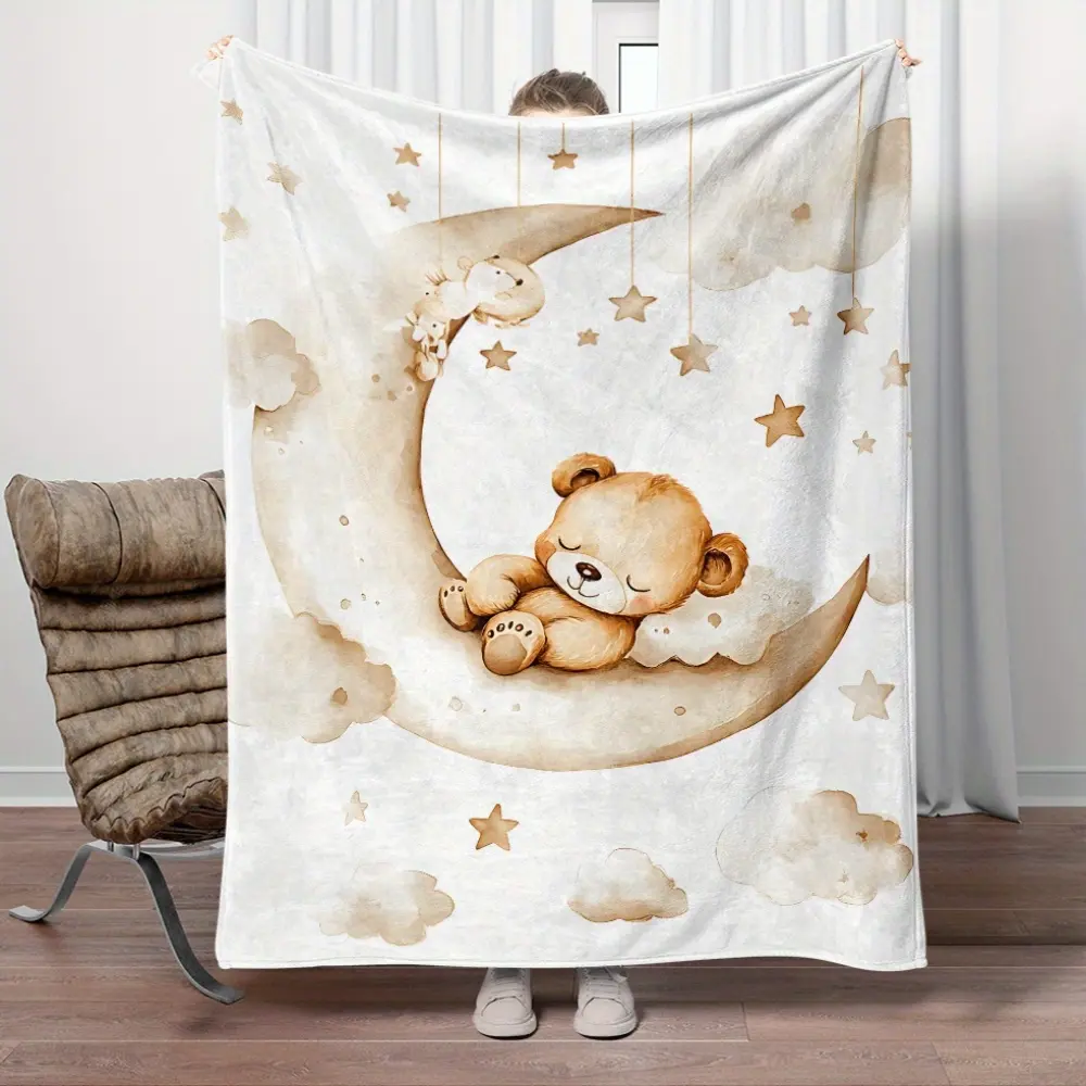 1pc Good Night, Cute Little Bear Print Portable Blanket-Lightweight Flannel Throw for Sofa Bed Travel Camping Livingroom Office Couch Chair And Bed-Digital Printing Flannel Blanket with Soft And Warm Flannel-280GSM