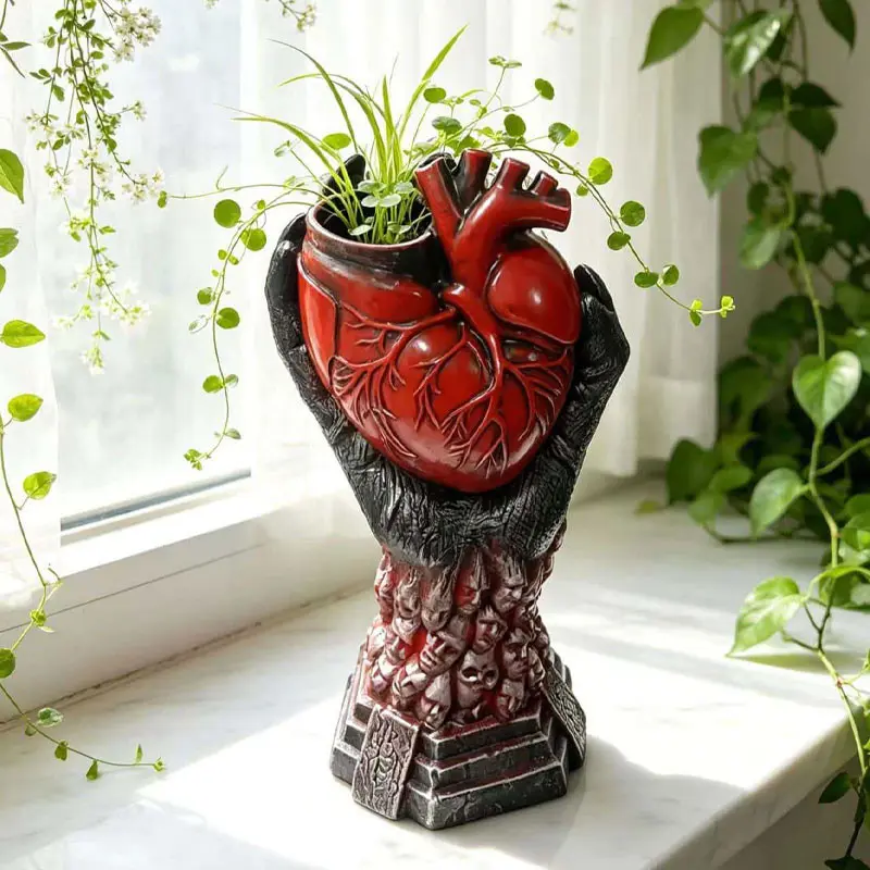 Creative human heart-shaped vase - Gothic style art flower holder - Heart-shaped skull base decoration for tabletop, creating an atmosphere in the living room. Ideal for Halloween-themed home decoration.
