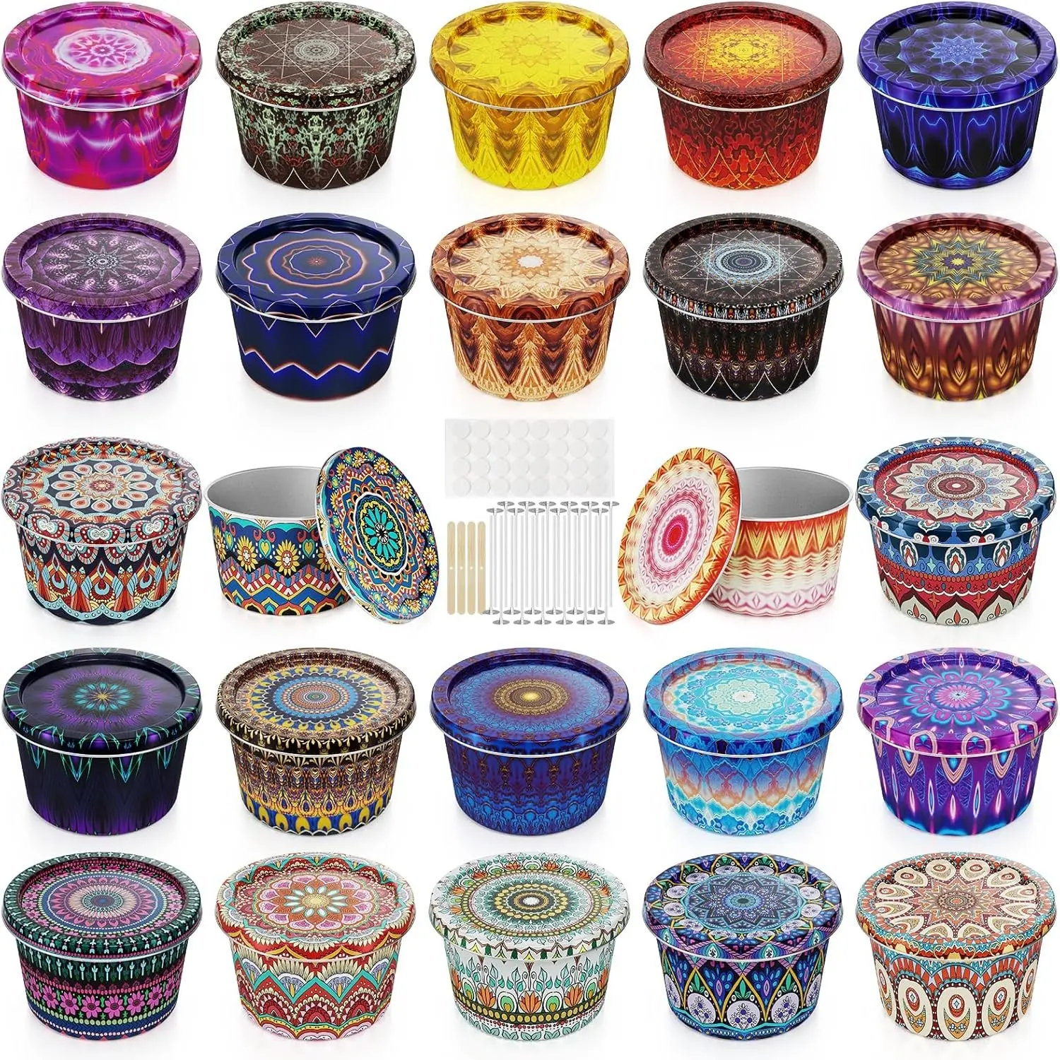 Empty Candle Tins for Making Candles, 24 Pack 2.5 oz Metal Containers, Travel-Friendly Rust-Proof Tins with Lids, 24 Patterns Jars(Colourful)