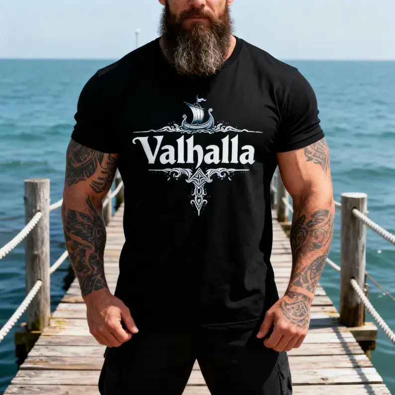 Valhalla Viking Longship Nordic Myth Graphic Oversized Comfort Cotton T-Shirt, Viking Vintage Fashion Daily Outfit, Nice Valentine Birthday Gift For Mythology Lovers Bearded Men Husband Male Friends