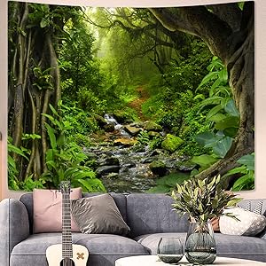Green Rainforest Tapestry Nature Forest Tapestry for Bedroom Aesthetic Misty Tropical Jungle Trees Flowing Stream Landscape Tapestries Wall Hanging for Living Room Dorm 48 x 36 Inch
