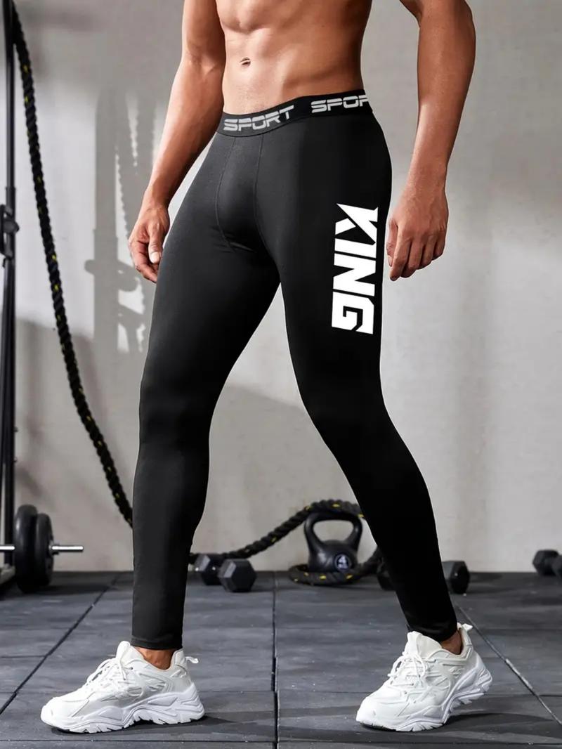 Men's Sports Compression Leggings with Letter Print, Breathable Moisture-wicking Fabric, Tight-fitting Stretchy Activewear for Basketball, Gym, Cycling and Running