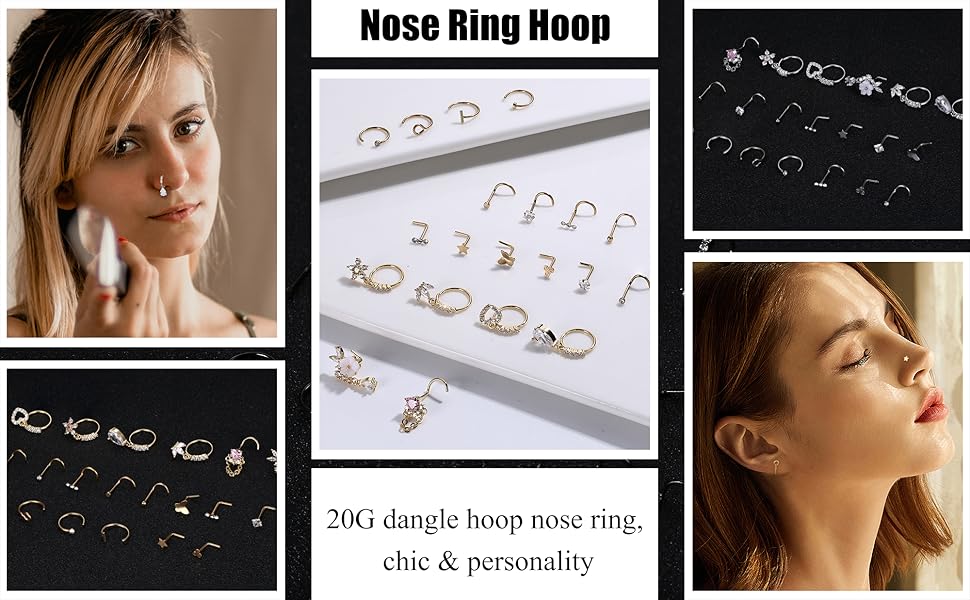 Besteel 20 PCS 20G Dangle Nose Rings for Women Butterfly Heart Moon Flower Cross CZ Dangle Nose Ring Hoops Cartilage Earring Dangling Nose Piercing Jewelry Charms