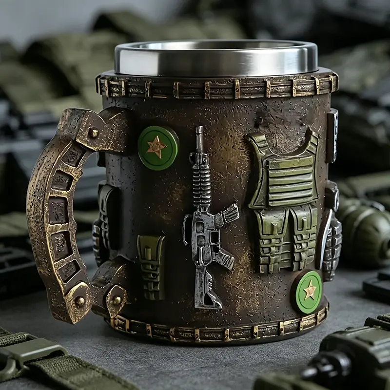 Double-walled insulated military-themed beer mug, featuring army designs - realistic soldier equipment replicas - a durable gift for veterans, soldiers, campers, and military enthusiasts.
