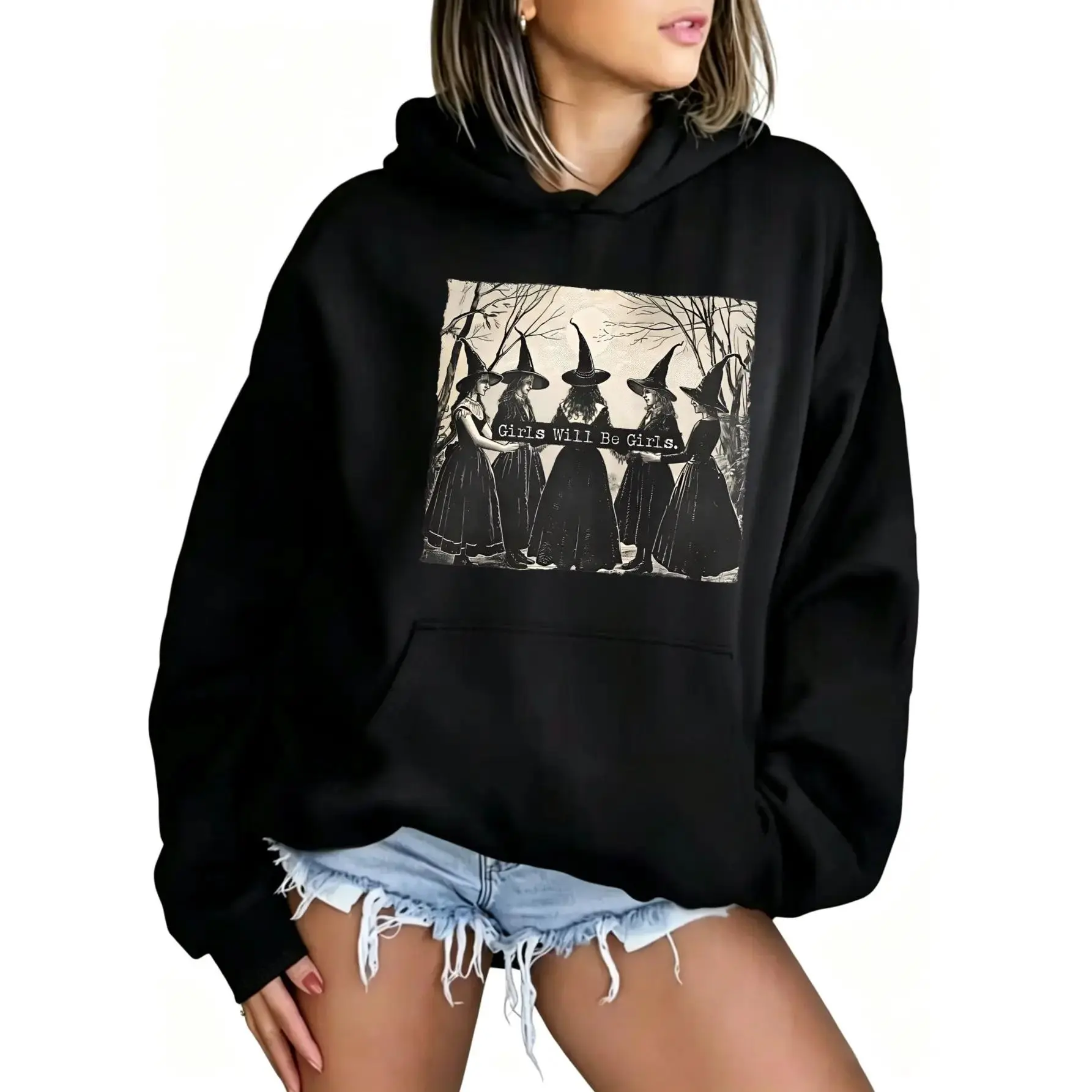 Women's Cotton-Poly Gothic Retro Witch Graphic Hoodie - Drawstring Hood, Soft Loose Fit, Dark Cottagecore Halloween Aesthetic, Navy Blue Fall Outfit, Trendy Gift for Women