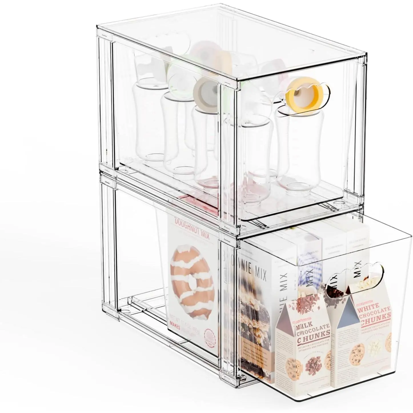 2 Pack Large Stackable Storage Drawers,11″Deep Under Cabinet Organizer, Bottle Organizer,Clear Stacking Pull Out Drawer, Storage Containers Bins for Organizing Snack,,Makeup