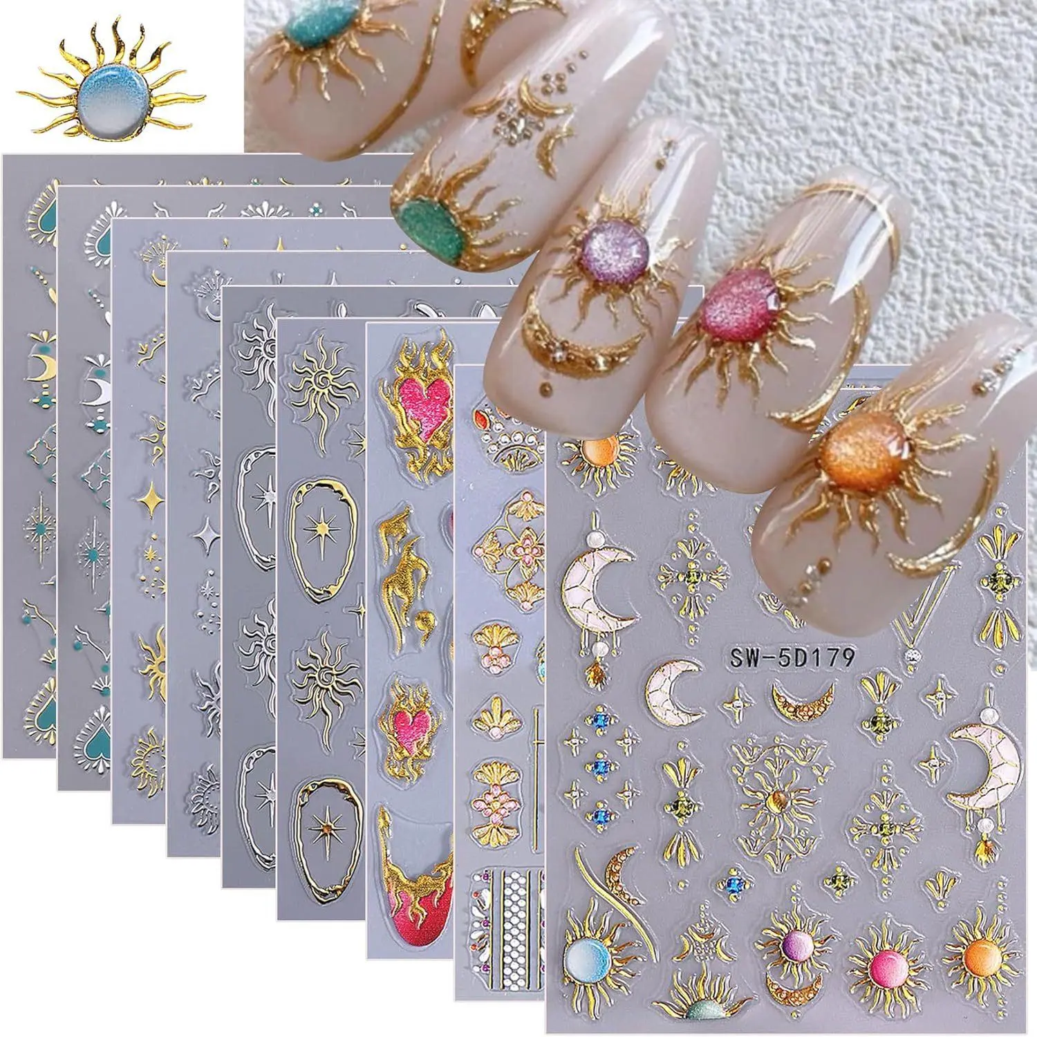 9 Sheets Bohemian Style Nail Art Stickers Set, 5D/3D Embossed Self Adhesive Moon Star Heart Flame DIY Metallic Designs Gothic Decoration Supplies Nail Accessories Sun Nail Stickers Decals
