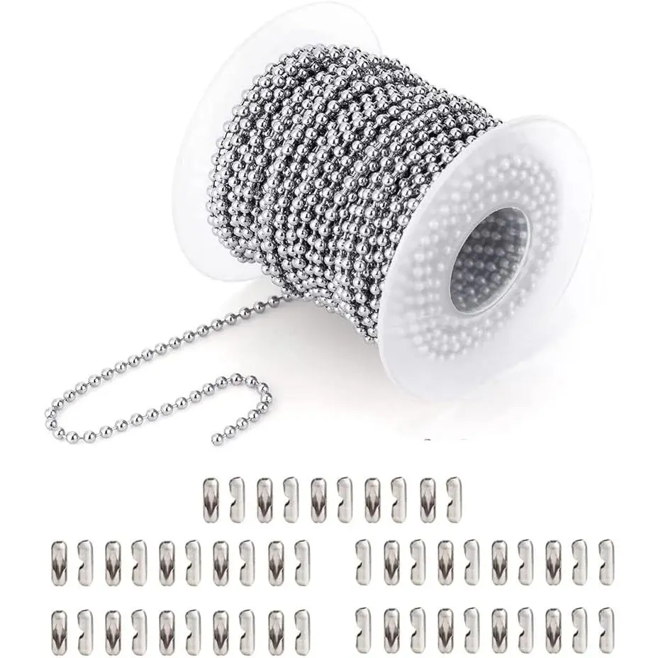 Ball Bead Chain Stainless Steel 36 ,  Metal #3 Bead Chain with 50 count Connectors Clasps,  Tag Necklace Key Chains for Making DIY Crafts, 2.4mm Ball, 1 Roll 11 Meters