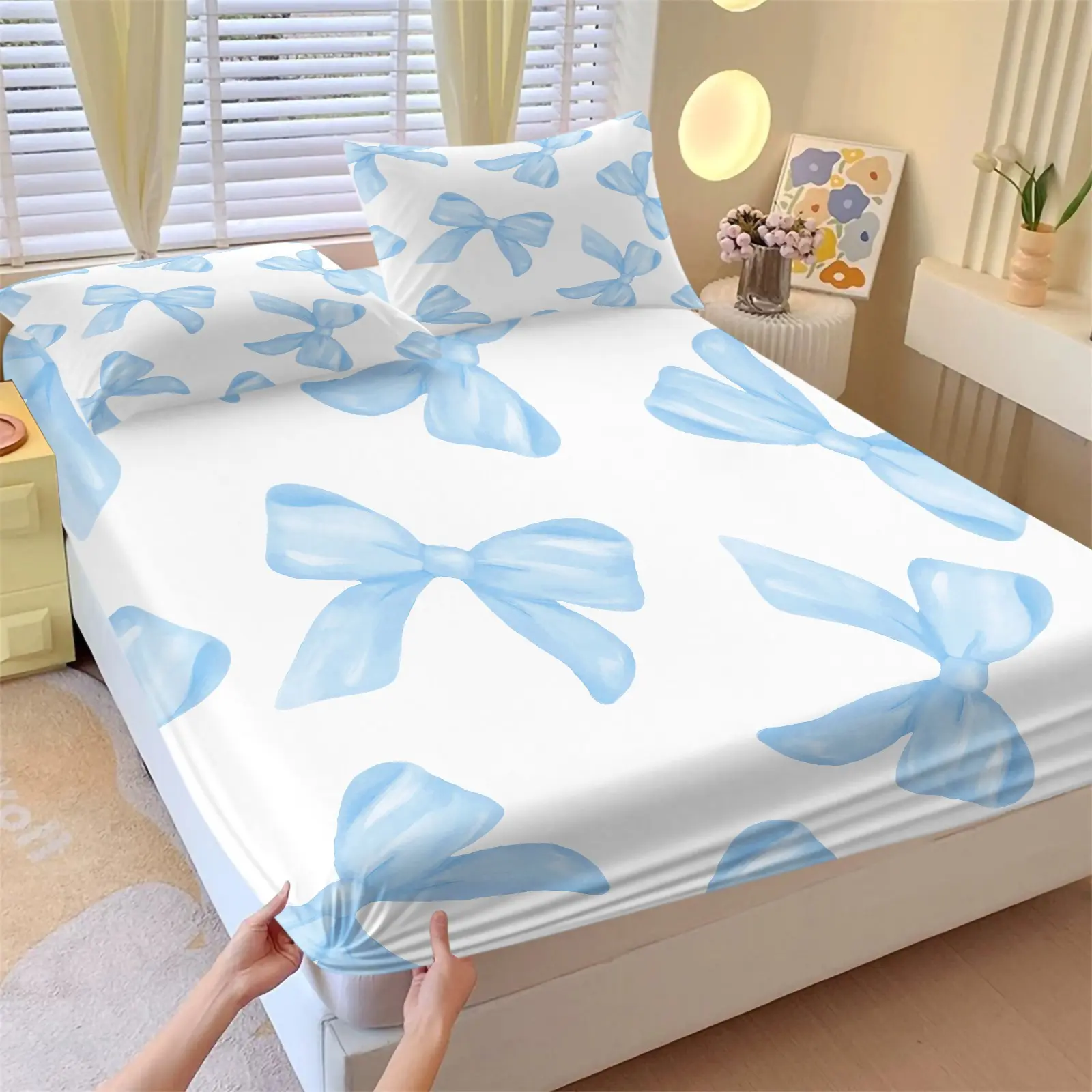 3 Pieces Pastoral Fresh Watercolor Light Blue Bow Fitted Sheet Set & 2 Coreless Pillowcases, Skin-Friendly Breathable Deep Pocket Mattress Protector, Soft Cozy Bedding, Cute Pure Desire Pastoral Macaron Sweet Style Lovely Girls Bedroom Decor