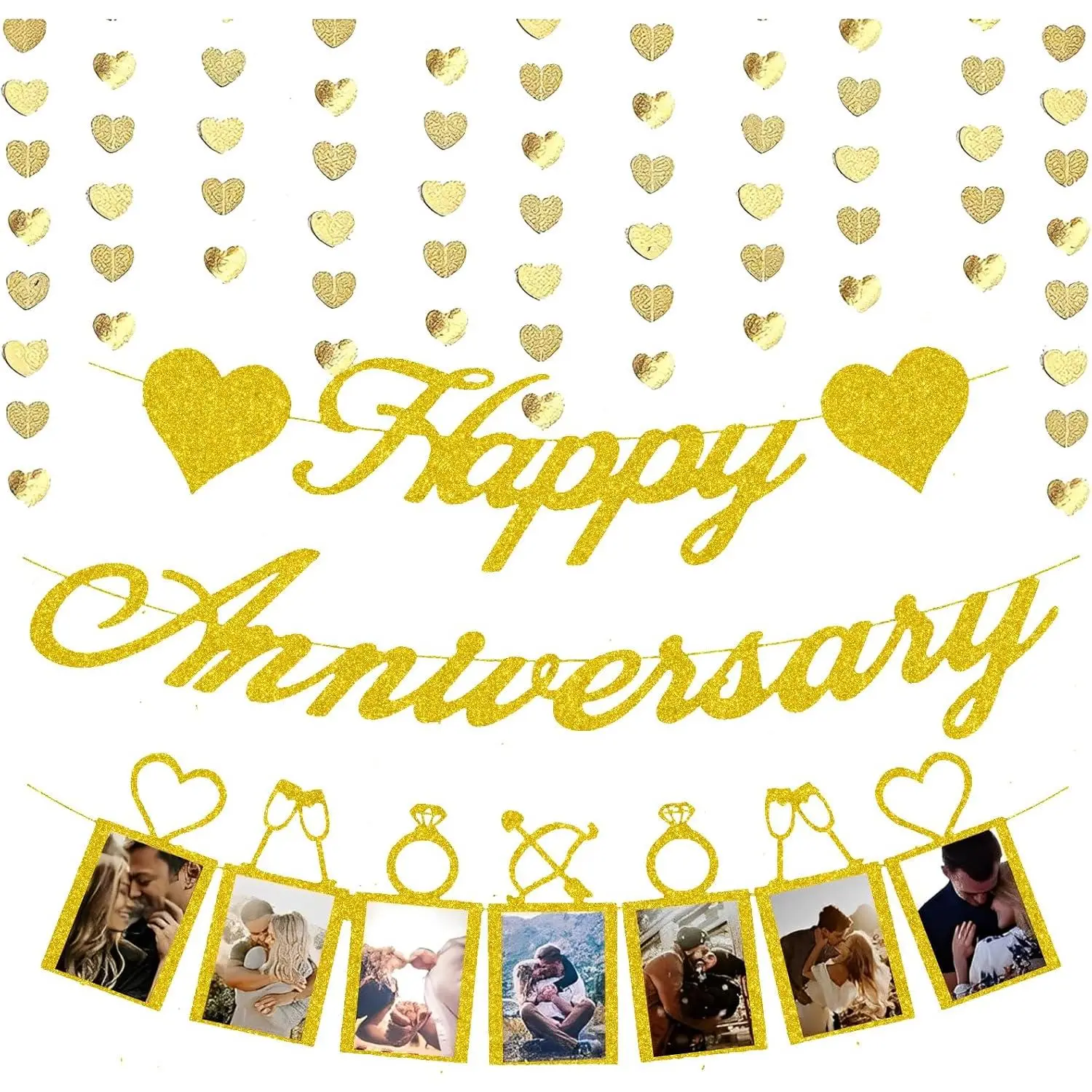 Happy Anniversary Party Decorations,  Glitter Happy Anniversary Banner and Photo Banner with Heart Garland for Wedding Party Decorations