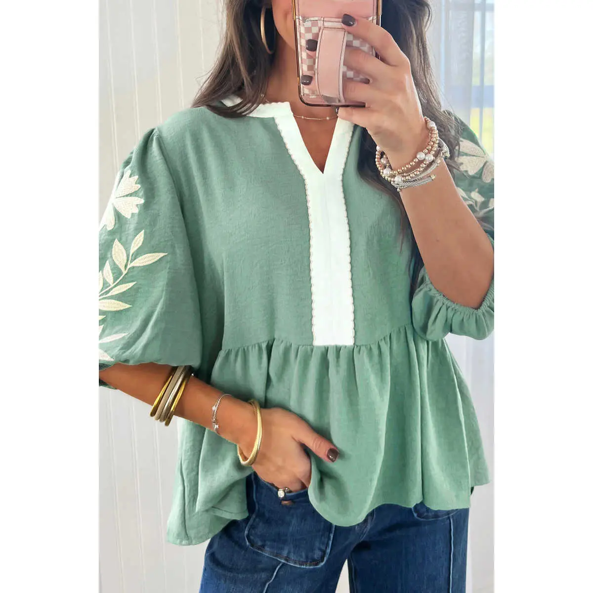 Smoke Green Color Block Patchwork V Neck Embroidered Puff Sleeve Babydoll Blouse