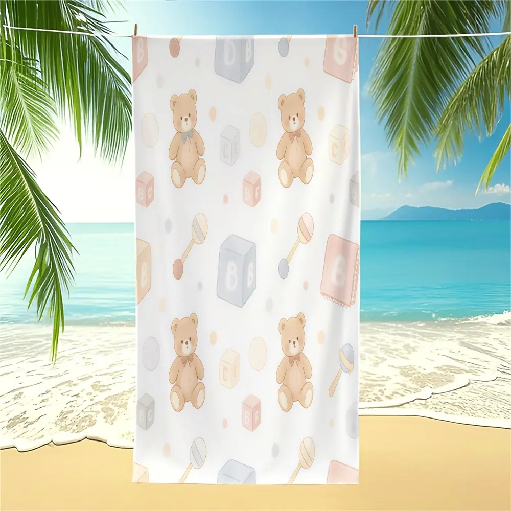 Healing Cute Cartoon Teddy Bear Print Beach Towel, Lovely Watercolor Teddy Bear Pattern, Ultra-fine Fiber, Quick Dry, Sand-proof & High Water Absorbency, Skin-friendly & Lint-Free, Ideal for Summer Beach, Swimming Pool & Vacation, Adorable Gift Option