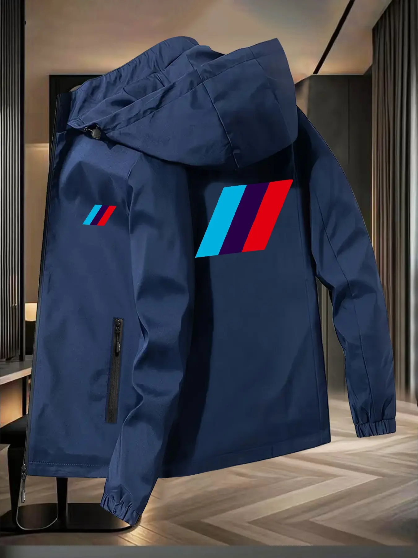 New Men's and Women's Windproof Breathable Outdoor Jacket, Three-Color Striped Print, Couples' Hiking Coat, Casual Loose-Fit Outerwear