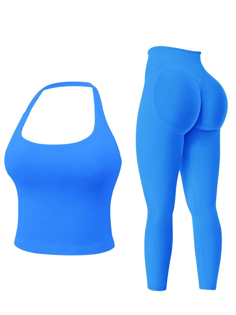 Two-Piece Set Women's Solid Seamless Crop Tank Top & High Waist Leggings Tracksuit Set, Sporty Casual Breathable Comfortable Outfits for Yoga Gym Workout Running, Ladies Sportswear Yoga Wear Fitness for All Seasons