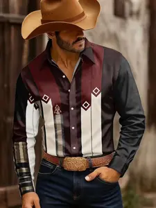 Men's Denim Style Long Sleeve Shirt, Western Retro Patchwork Plaid Design, Casual Fashion Top, Slim-Fitting Graphic Print