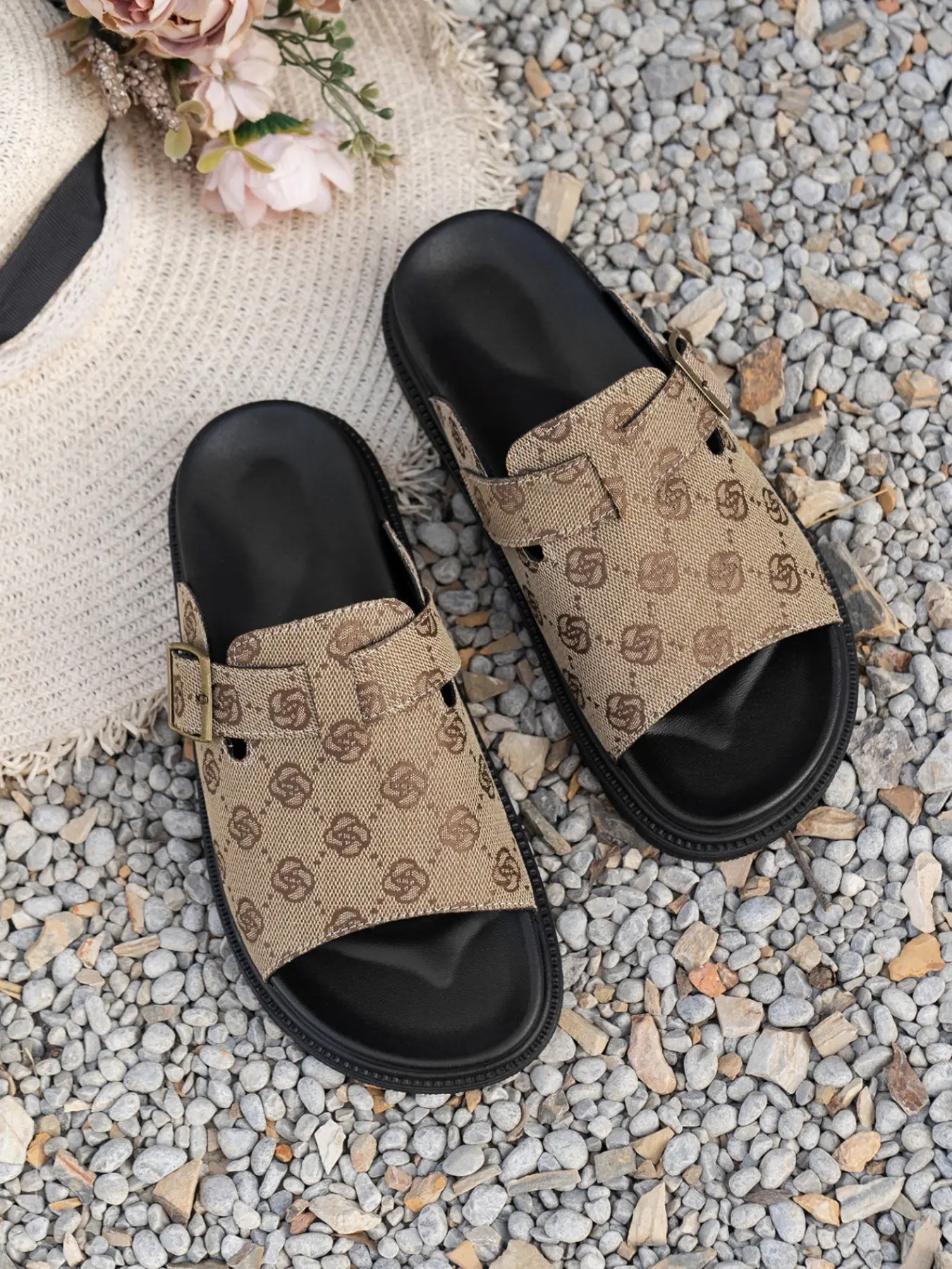 Women Minimal Full Floral Geometric Print Single Band Slip On Platform Mule Slides Smooth Breathable Shock Absorb Textured Thick Sole Summer Travel Street Shoes, 1 Color Khaki Brown