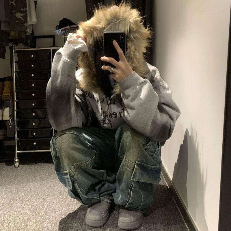 Women Y2k Aesthetic Tie-dye Printing Hoodies Harajuku Vintage Fur Patchwork Hooded Hoody Casual Grunge Oversized Sweatshirts