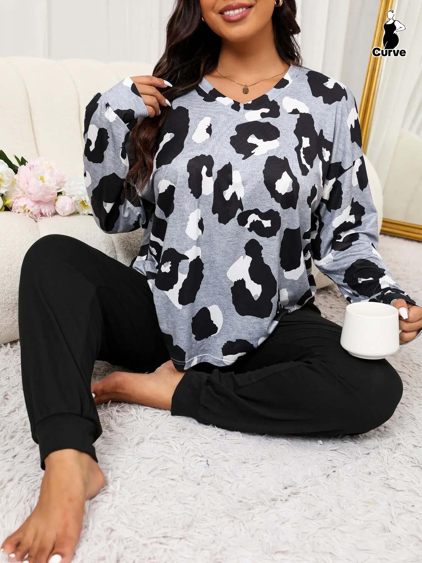 2 Piece Set Plus Size Leopard Print Pyjama Set, Casual Long Sleeves Drop Shoulder Tee & Plain Pants Set for Women, Women's Sleepwear for Spring & Fall,  Pyjamas for Women, Pajama Set