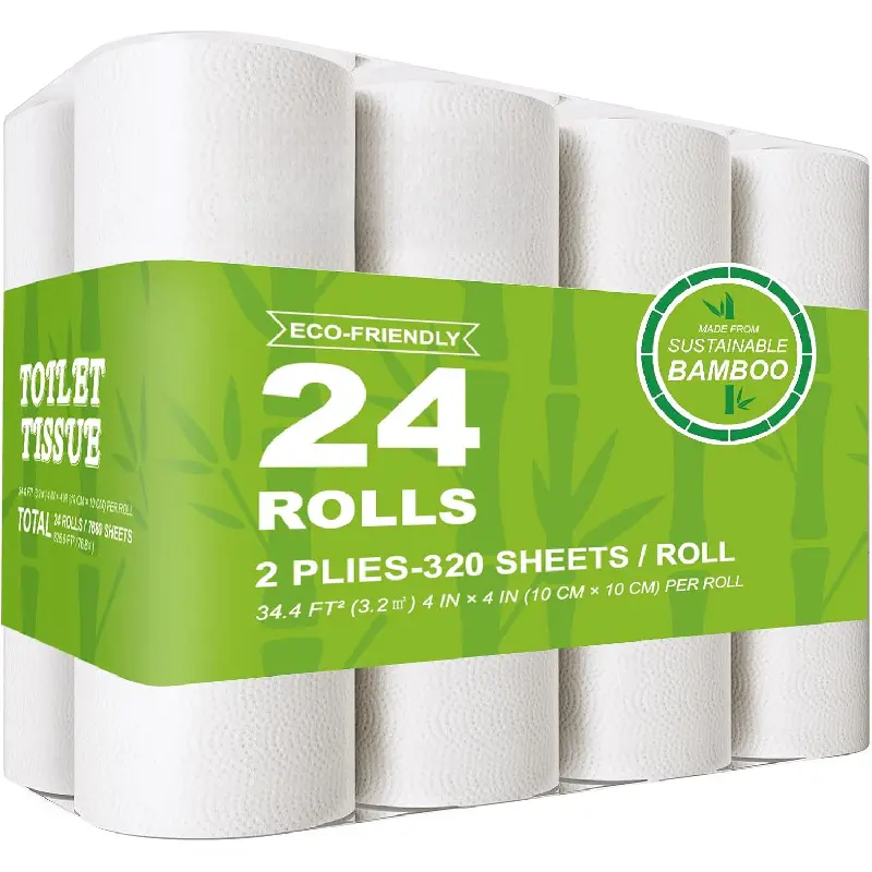 Eco-Friendly Bamboo Toilet Paper (24 Double Rolls) - 320 Sheets, 2-Ply, Septic Safe, Tree-Free, Dye-Free, Non-Toxic, Soft, Absorbent, Biodegradable Tissue, Disposable Tissues for RV, Environmentally Aware Home Care Supplies