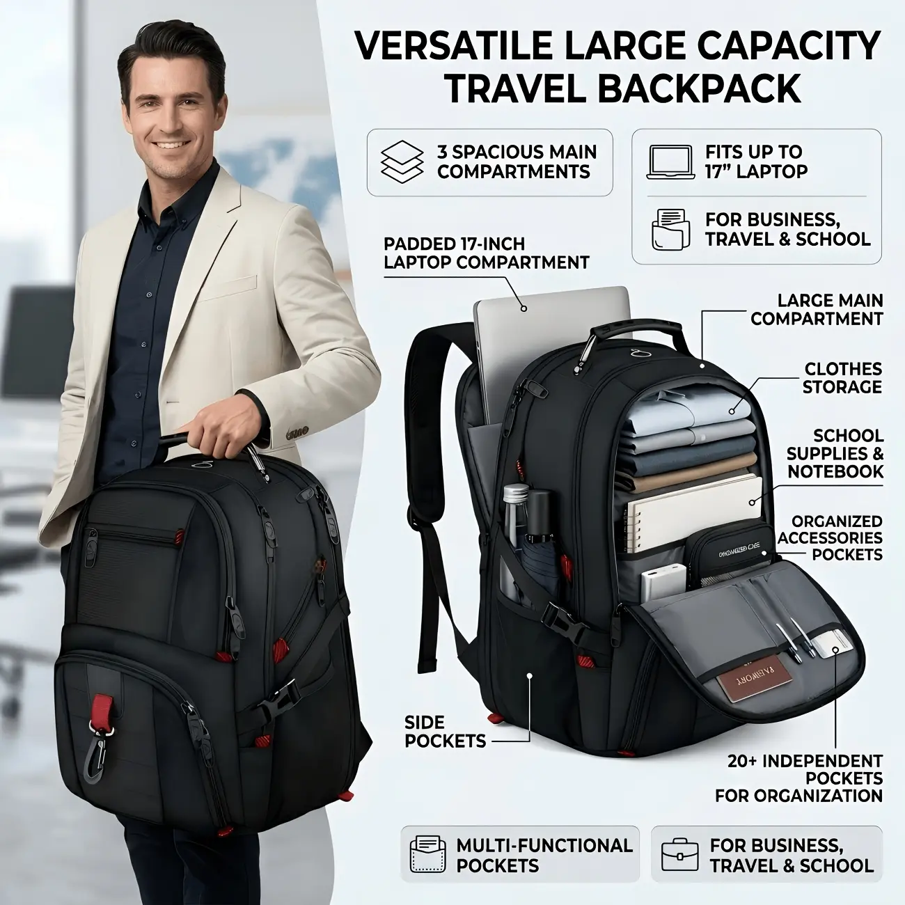 Extra Large 13.21gal Travel Laptop Backpack for Men & Women, Airline Approved Carry On Business Work Bag Fits 17 Inch Computer, Spacious College School Backpack for Teens, Practical Travel Accessory & Ideal Gift for Men,vomit,toy,lunch,sho,multif,homemade