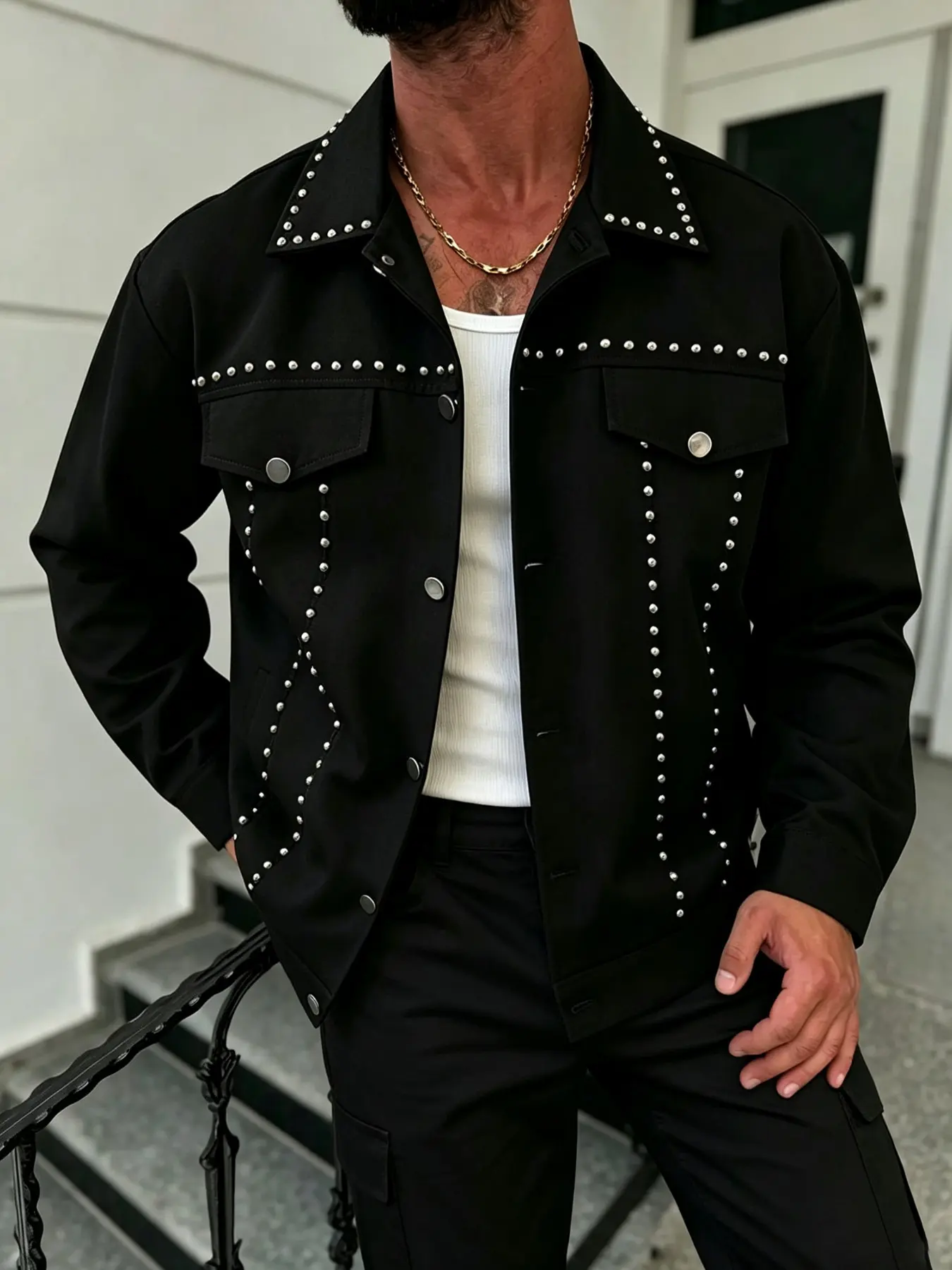 Men's stud-embellished jacket—a lightweight, transitional piece perfect for a mature, casual, and distinctive look; features a relaxed fit that flatters all body types.