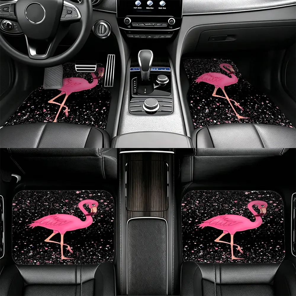 4pcs Black Pink Flamingo Car Floor Mat Set, Machine Washable Non Slip Universal Rugs For Car SUV Interior Decor