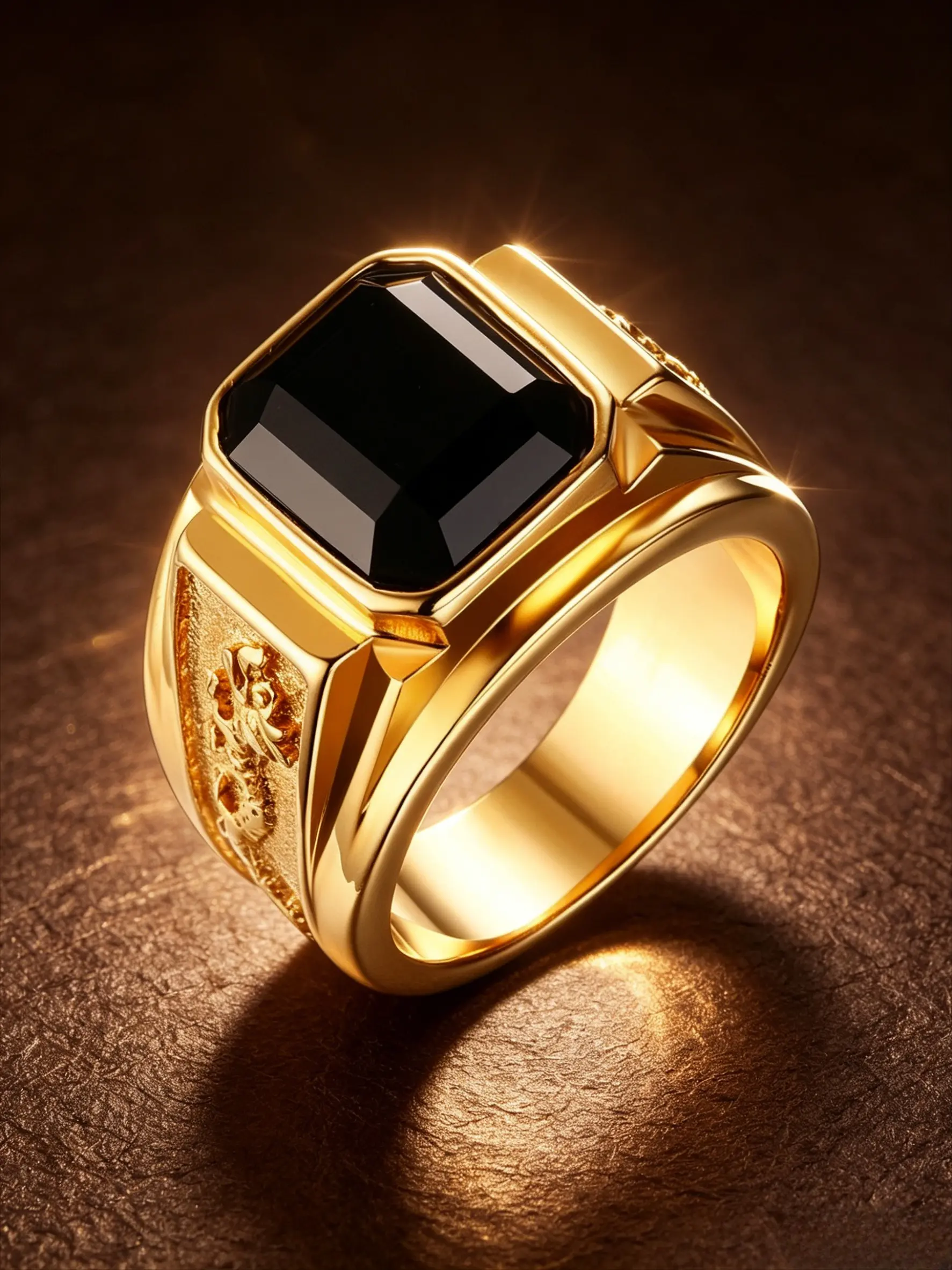 Square Cut Gem Dragon Embossed Signet Ring, Stainless Steel Gold Silver Two Tone Wide Men Band, Black Onyx & Sapphire Statement Rings, Tarnish Resistant Hypoallergenic Luxury Jewelry Gift For Him, Elegant Ring