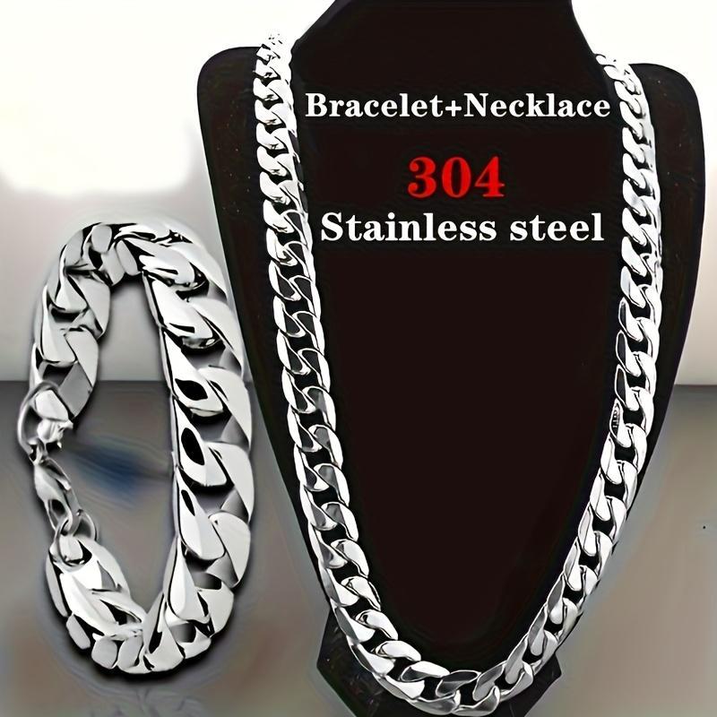 Men's 2-Piece Stainless Steel Jewelry Set - Classic Cuban Necklace, Hip Hop Punk Rock NK Chain Bracelet, Men's Jewelry, Male, Casual