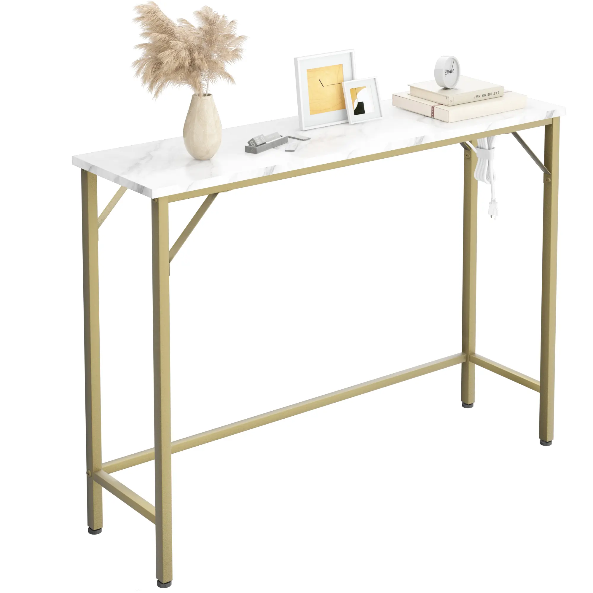 Narrow Console Table with Charging Station - Slim Sofa/Entryway Table, Faux Marble Top, Power Outlets & USB Ports, Metal Frame, Adjustable Feet - White/Gold