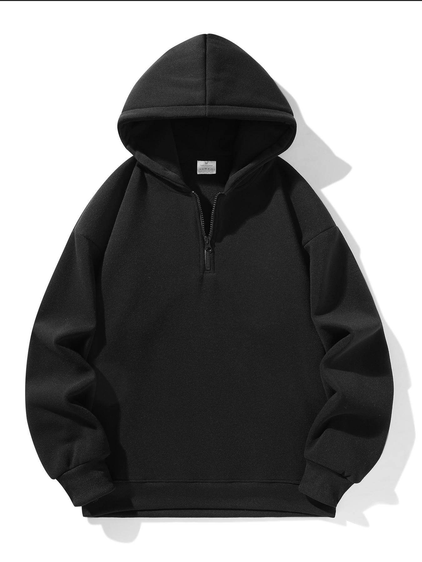 Men's Half-Zip Fleece Hoodie, Casual Plain Long Sleeve Drop Shoulder Sweater, Thick Fabric for Fall & Winter, Sporty Fashion Pullover