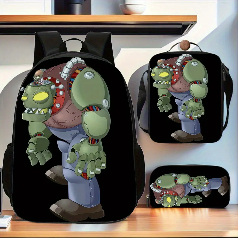 Kids Backpack Set Bundle, 3-Piece Cartoon Frankenstein Robot Print Oxford Cloth School Bag with Top Handle, Insulated Lunch Box & Adjustable Shoulder Strap, Zipper, Campus Life, Cartoon Print, School Pack, Insulated Lunch Bag, School Use