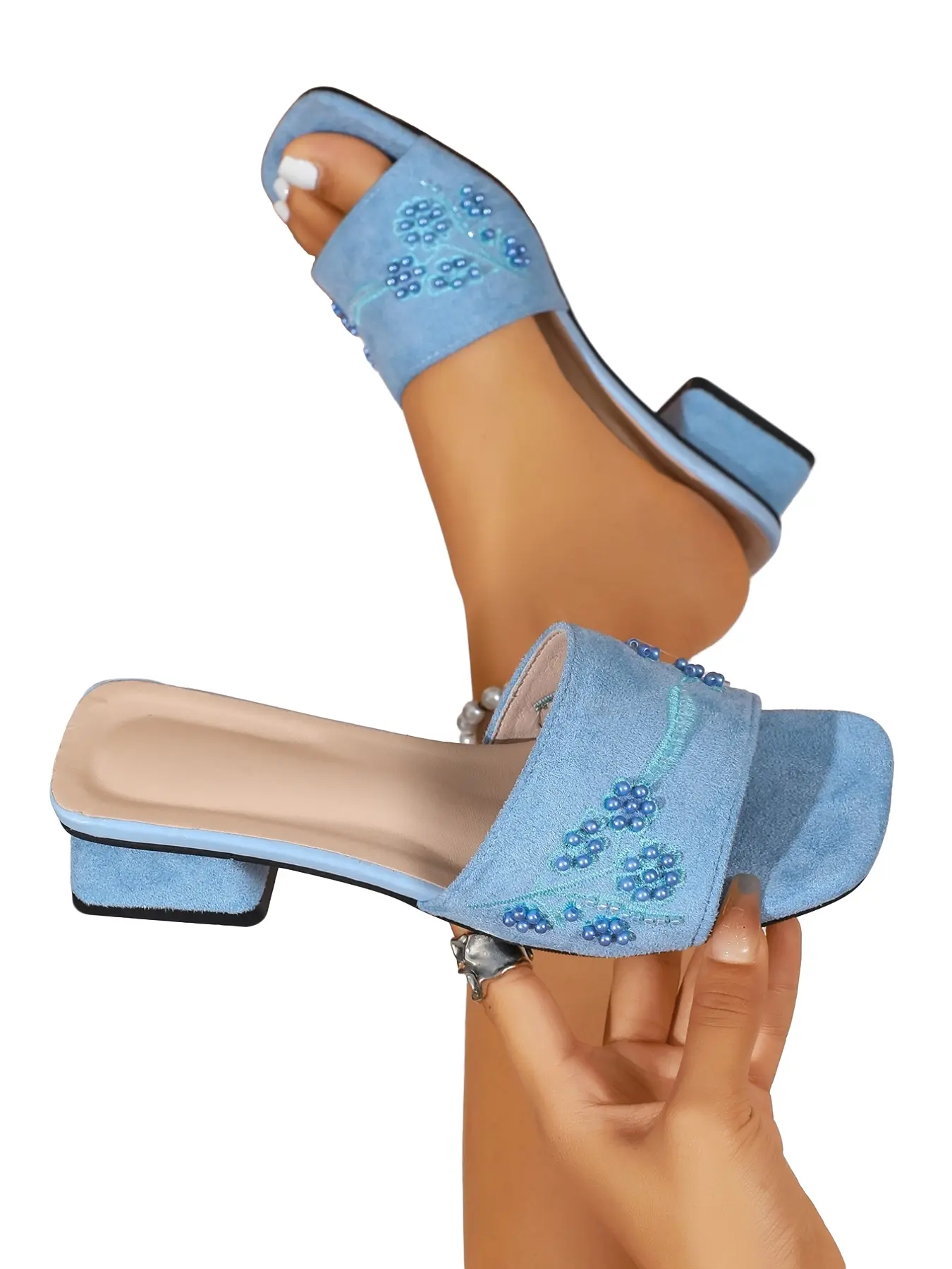 Elegant Blue Heeled Sandals, Simple Square Toe Open-Toe Low Heel Slippers, Unique Design Beach Shopping Shoes, Stylish Outdoor Footwear, Casual Summer Sandals
