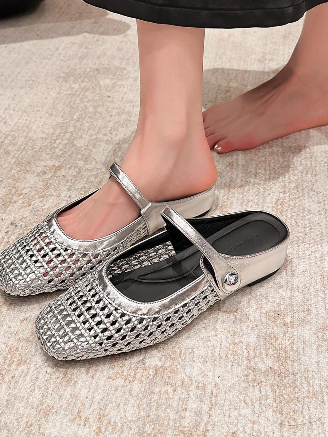 Women's Square Toe Woven Hollow Out Casual Flat Shoes, PU Leather Upper, Rubber Sole, Medium Width, All Season Fashion Sneakers