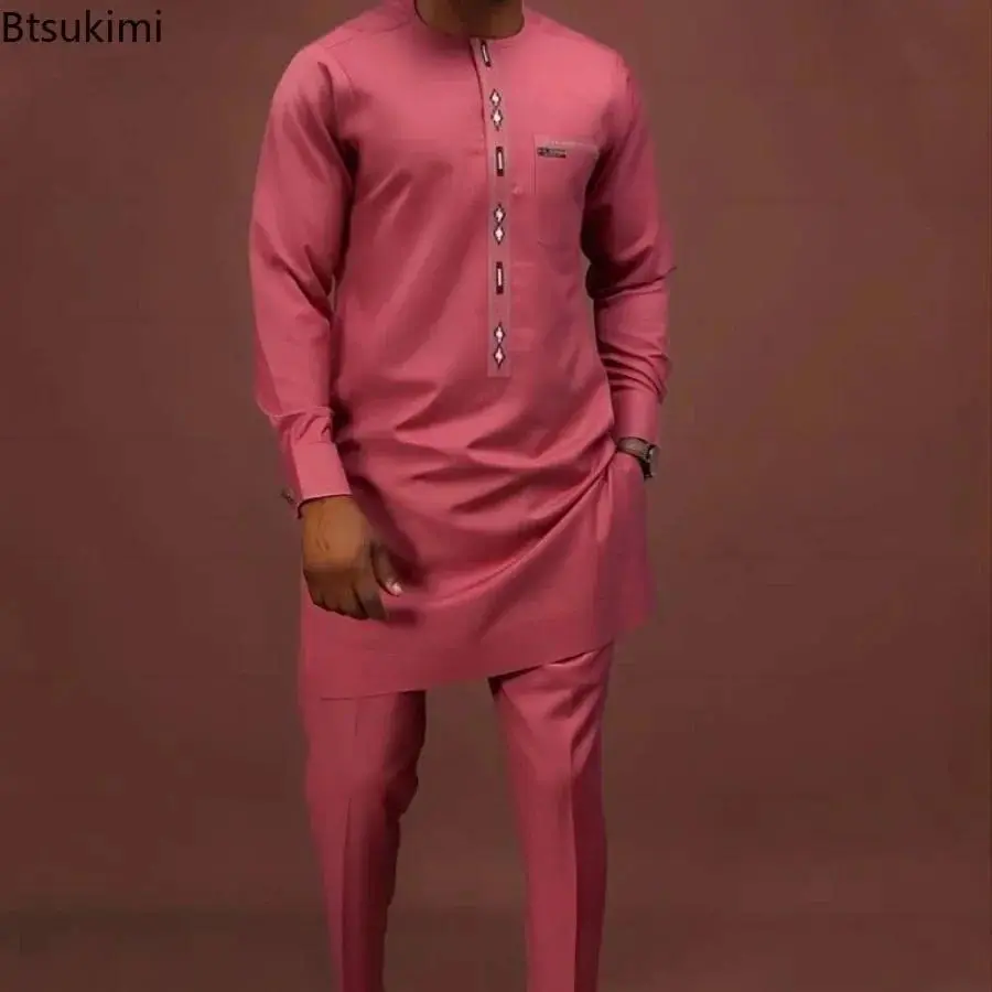 2026 Fashion New Men's Luxury Banquet Gown Noble Embroidered Kaftan Shirt Pants Two Piece Sets Dashiki African National Costumes