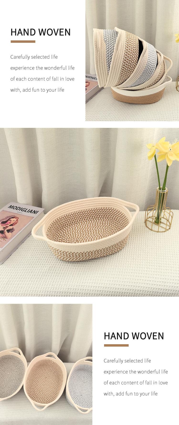 Cotton Rope Woven Storage Basket, Oval Organizer with Handle for Snacks & Toys, Portable Household Storage Bin for Living Room & Bedroom, Multifunctional Braided Storage Basket