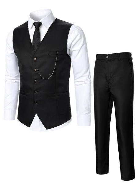 Two-Piece Set Men's Solid Button Front Suit Vest & Pocket Pants Suit Set, Chain Decor V Neck Top & Trousers, Men's Formal Outfits for Work Office Business Two-Piece Set Men's Solid Button Front Suit Vest & Pocket Pants Suit Set, Chain Decor V Neck Top & Trousers, Men's Formal Outfits for Work Office Business