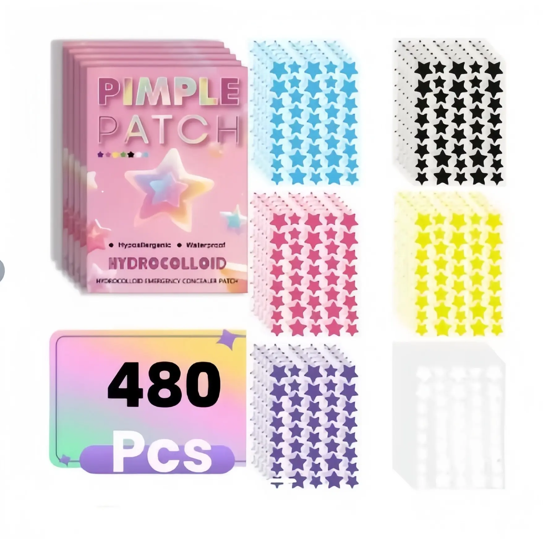 480pcs/set Facial Hydrocolloid Acne Patches, Blemish Patches, Hydrocolloid Spot Treatment, Cute Star-Shaped Acne Pimple Patch, Alcohol-Free, Odorless, Gentle and Non-Irritating Acne Spot Stickers, Acne Clearing Products for All Skin Types
