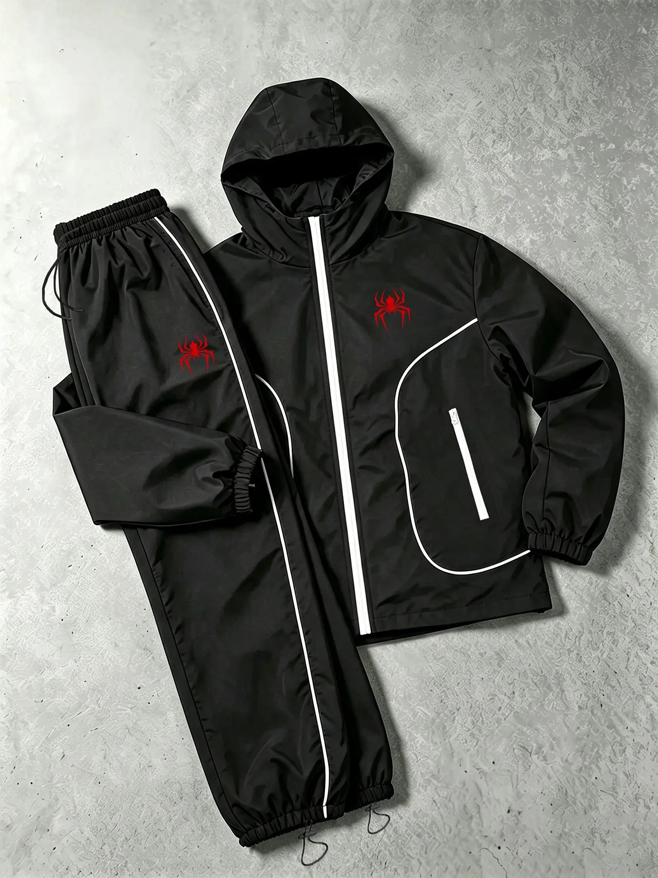 Men's Two-Piece Set: Spider Print Long Sleeve Zipper Hoodie + Casual Jogger Pants, Comfortable Fall, Loose Fit