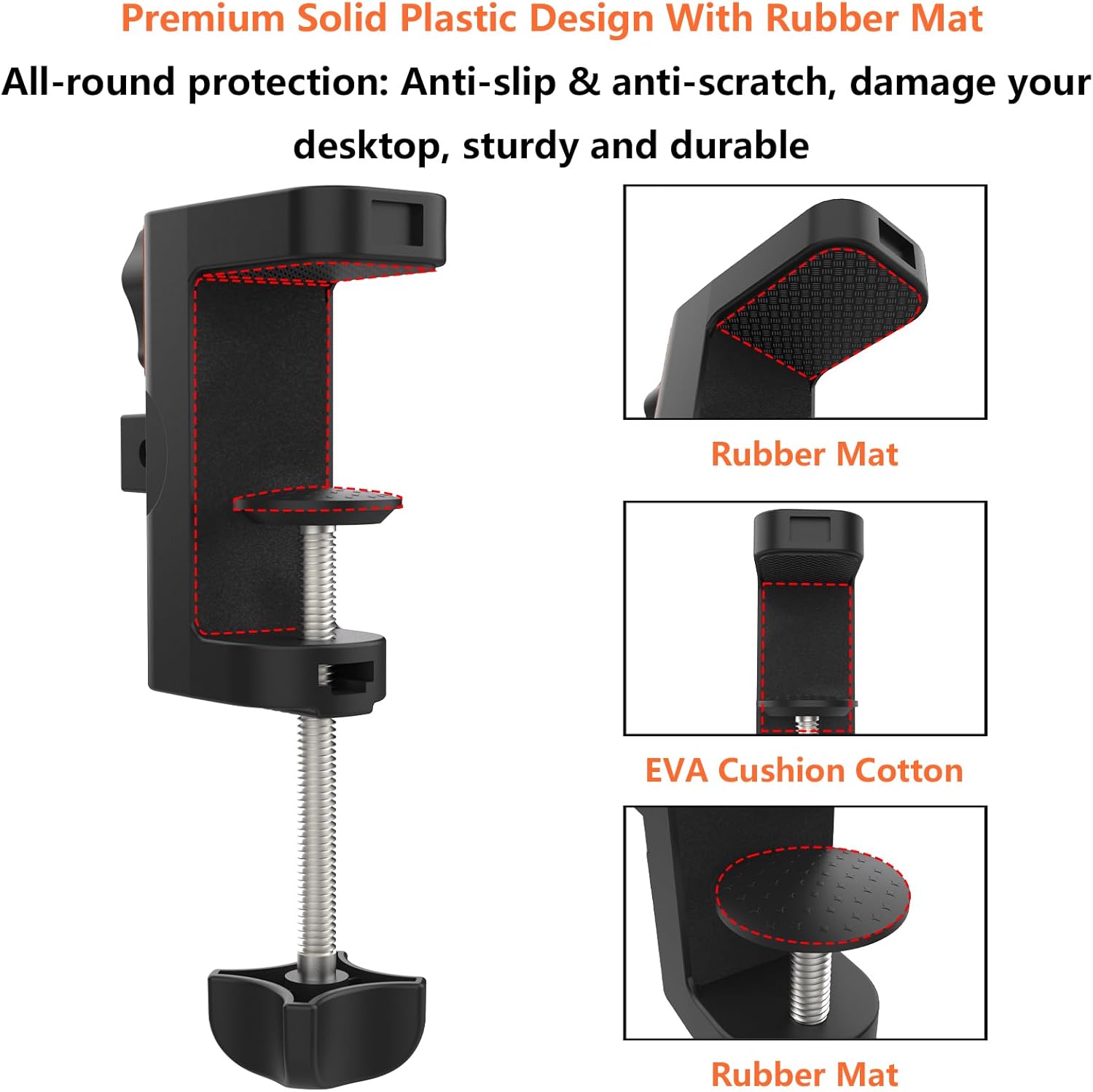 Table Clamp Mount for Microphone Stand, 2-in-1 Mic Boom Arm Clamp Table C Clip for Desktop Overhead Camera Tripod Mic Stand Lamp Base, Fits Up to 2.56 inch 6.5cm Desktop Thickness, 1 count