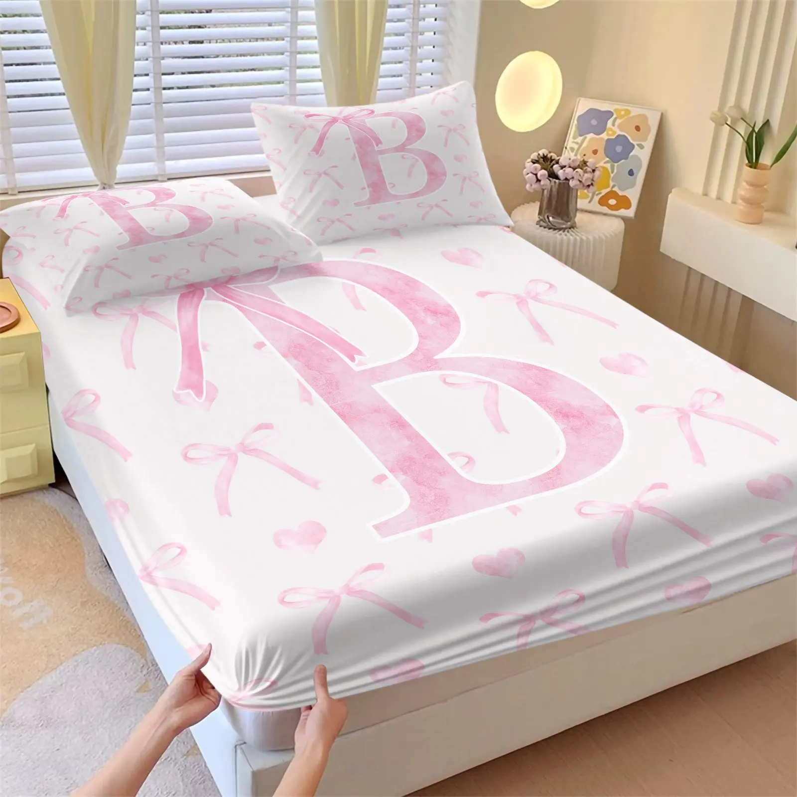 3 Pieces Watercolor Pink Bow Heart Initial B Fitted Mattress Sheets Bedding Set, 1 Fitted Sheet + 2 Pillowcases, Soft Comfortable Breathable Mattress Cover, Deep Pocket Non-Slip Elastic Bed Linens, Cute Coquette Aesthetic Romantic Bedroom Decor