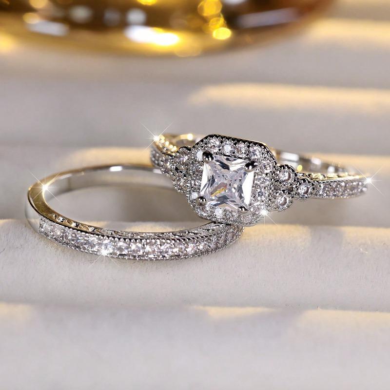 2-Piece Luxury Square Cubic Zirconia Wedding Ring Set - Women’s Promise Engagement Rings, Bridal Jewelry, Valentine's Day Proposal & Mother's Day Gift