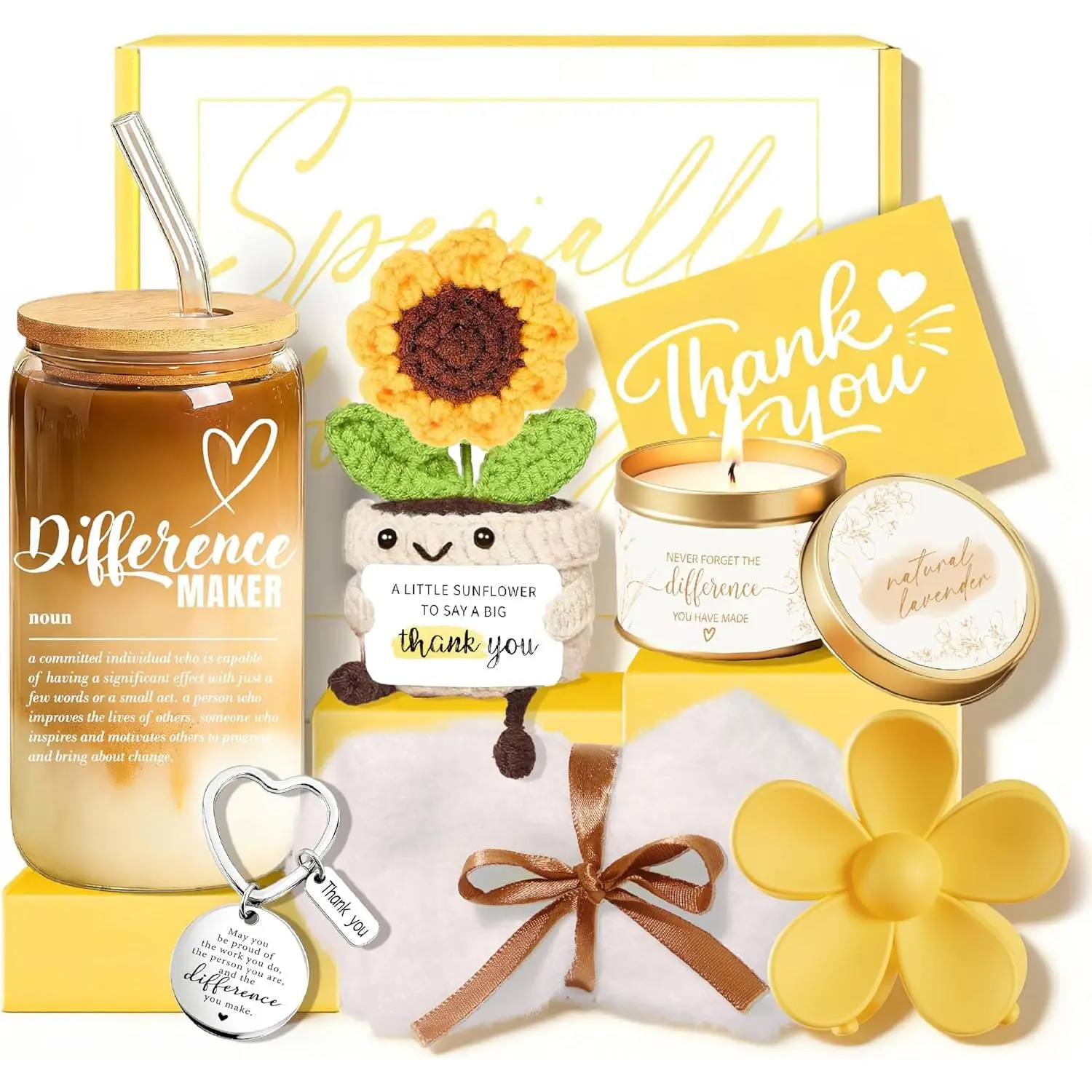 Thank You Gifts for Women Appreciation Gift Basket Sunflower Scented Candle Glass Cup Crochet Decor Unique Set for Coworkers Teacher Employee Volunteer Social Worker Paraprofessional