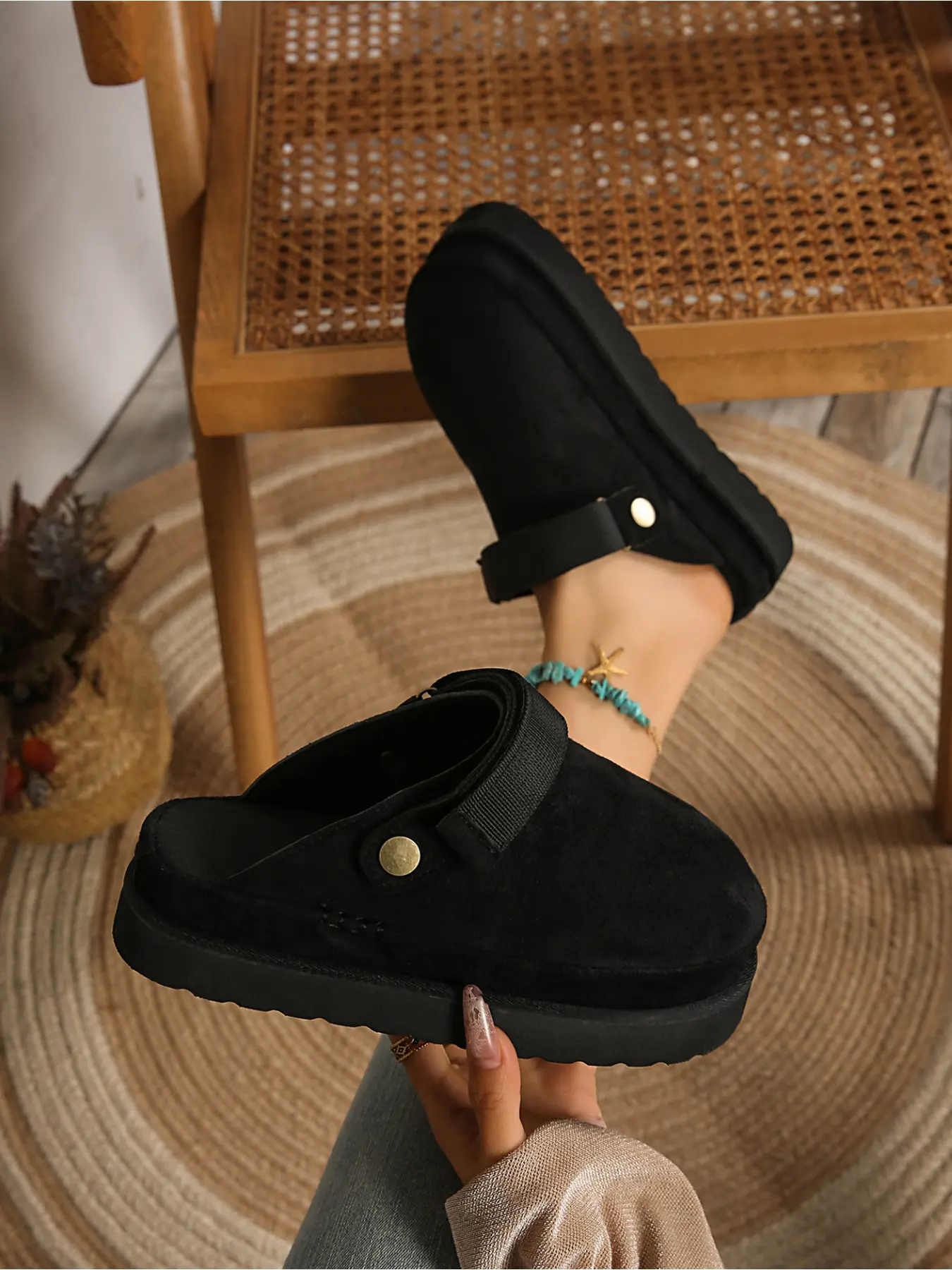 Women's Shoes Platform Closed Toe Mules Suede Look Upper Adjustable Back Strap Slip On Clogs Non Slip Thick Rubber Sole Casual Daily Shoes